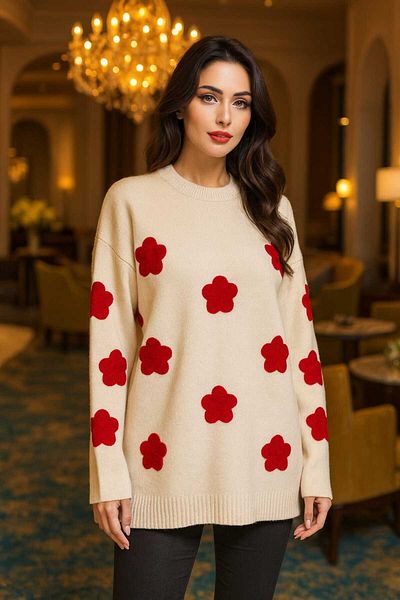 ASEZ BUTİK Oversize Comfortable Fit Floral Patterned Knitwear Sweater