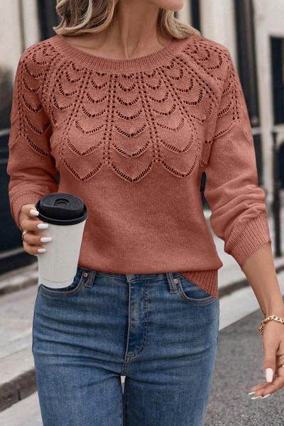 TRQOM Women's Openwork Patterned Crew Neck Casual Long Sleeve Knitwear Sweater Cinnamon