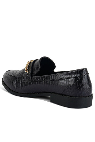 london Rag Women Black Low Block Loafers Adorned with Golden Chain