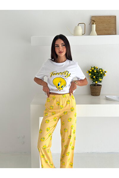 LETS BASIC Tweety Baskılı Sarı Kadın Pijama Takımı – Pamuklu Rahat Ev Giyim