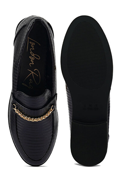 london Rag Women Black Low Block Loafers Adorned with Golden Chain