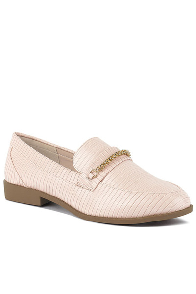 london Rag Women Nude Low Block Loafers Adorned with Golden Chain