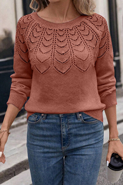 citystyle Tricotaj casual cu mânecă lungă pentru femei, cu model ajurat, pulover scorțișoară