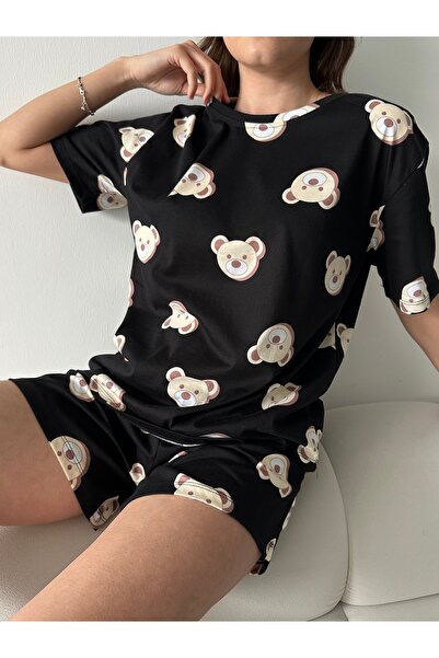 LETS BASIC Σετ πιτζάμες με μαύρο αρκουδάκι με σχέδιο για γυναίκες – Άνετα και χαριτωμένα ρούχα για το σπίτι