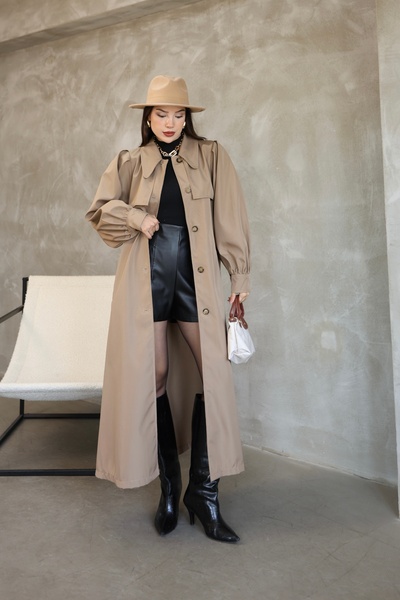 QUBERZ Women's Balloon Sleeve Rezort Collar Belted Long Trench Coat - Black / Navy Blue / Mink / Beige / Khaki