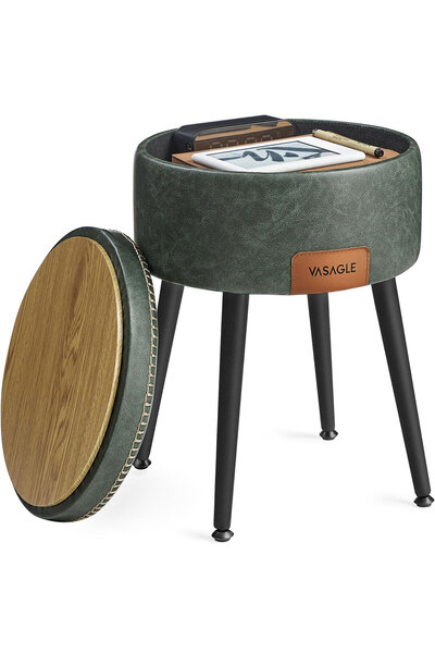 VASAGLE Stool with Storage, PU Upholstered, 2-Sided, Diameter 32 cm, Green