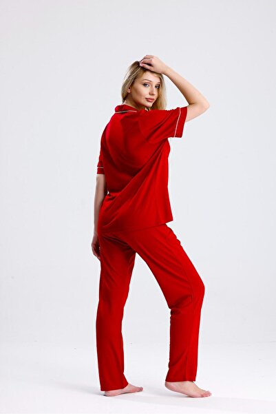 Espuar Classic Women's Shirt Collar Short Sleeve Buttoned Combed Cotton Pajama Set