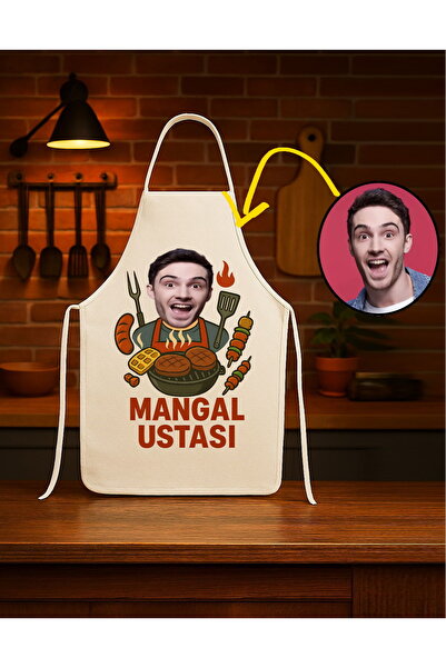 Hediye Molası Kişiye Özel Karikatür Fotoğraflı ve İsimli Mutfak Önlüğü Mangal Ustası