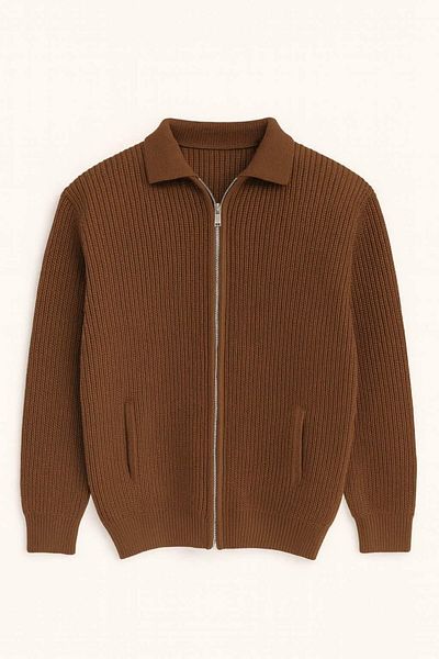 Valiberta Copolla Thessaloniki Knitted Polo Collar Pocket Zippered Comfortable Fit Men's Knitwear Cardigan - Brown