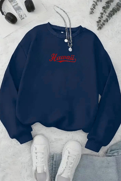 DUBU BUTİK سويت شيرت برقبة دائرية مطبوعة باللون الأزرق الداكن للجنسين - قماش ...