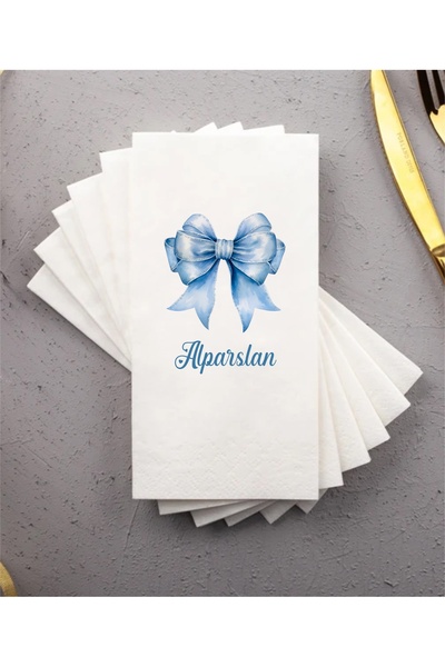 Hediyenza Mavi Kurdele Fiyonk Baskılı Peçete İsme Özel Doğum Günü , Baby Shower Sunum Peçetesi 20 ADET