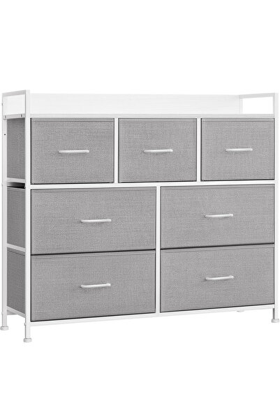 SONGMICS Comodă cu cadru metalic și 7 sertare din material textil, 29x98x85 cm, gri și alb