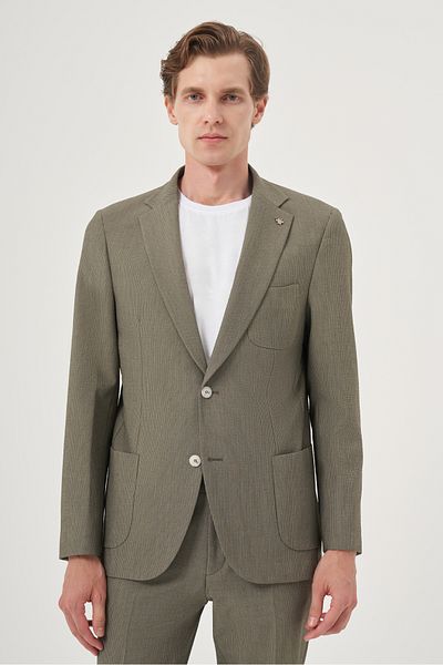 Morven Men's Green Polyviscon Trend Striped Slim Fit Mono Collar Suit
