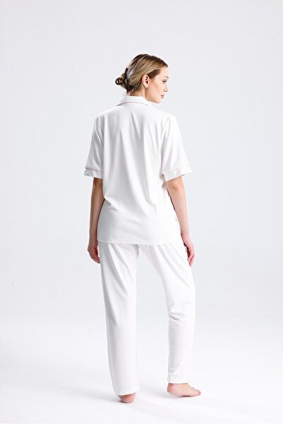 Espuar Classic Women's Shirt Collar Short Sleeve Buttoned Combed Cotton Pajama Set