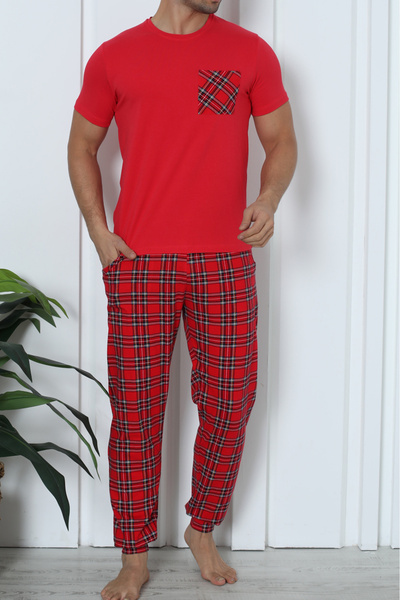 Tom John Men's Pajama Set Short Sleeve Pocket Cotton Lycra Plaid Red