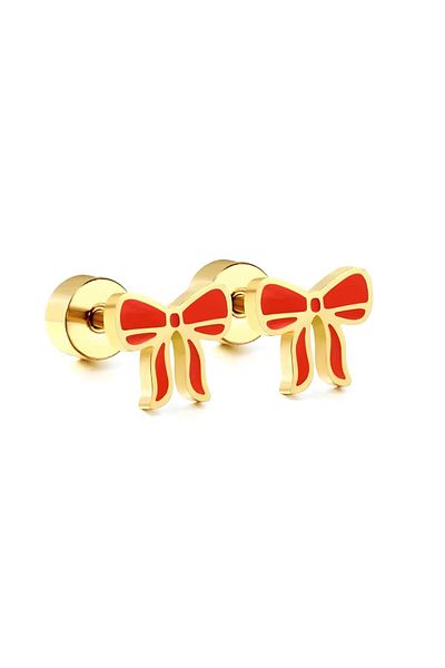 Munels Red Bow Model Steel Children's Earring - Screw Closure
