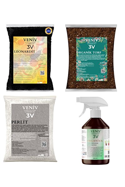 VENİV AGRİCULTURE 3V Bitki Bakım Yetiştirme Seti-Torf(2L)-Leonardit(2L)-Perlit(2L)-Organiva Organik Besin 500 ML