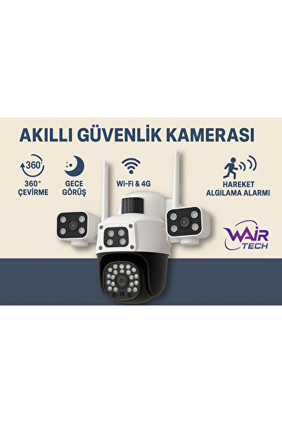 Wair Teknoloji 4 KAMERA HD WiFi & 4G Güvenlik Kamerası – 360° Çevirme, Gece G...