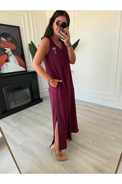 begum mayda Yakası Taş İşlemeli , V Yaka , Mürdüm Elbise