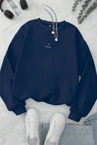 Sweetline Unisex Navy Blue Always Printed Crew Neck Sweatshirt - Winter Embossed Fabric