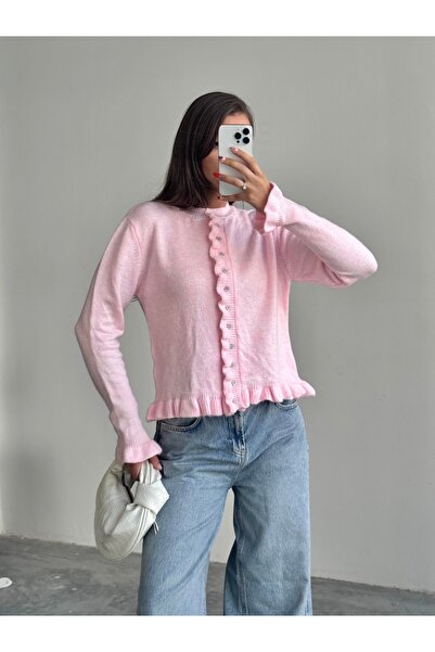 Generic Brand Cardigan de damă cu volane, cu textură moale, din tricotaj