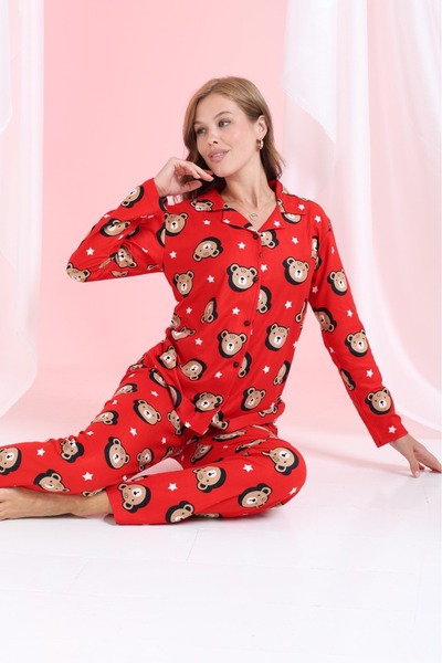 Elit Red Teddy Bear Front Button Winter Suede Velvet Women's Pajama Set
