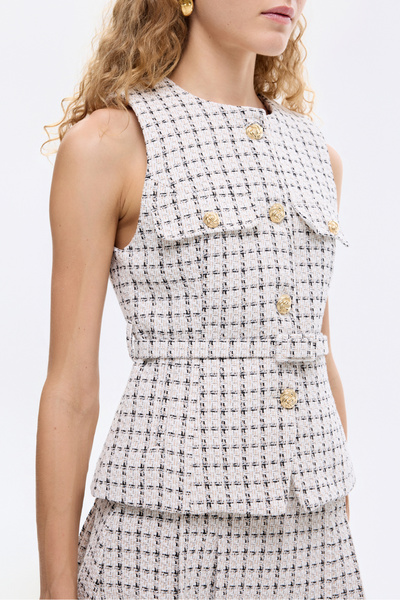 Quzu Γιλέκο Tweed με λεπτομέρεια ζώνης με κουμπιά Μπεζ