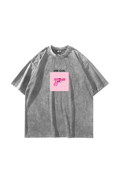 Bak Moda Girl Gang Printed Oversize Unisex Πλενόμενο Λευκό Tshirt