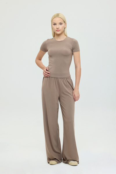 SHEISMONO Ultra Soft Round Neck Short Sleeve Blouse Mink