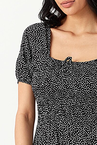 Select Moda Women's Black Floral Print Square Neck Short Sleeve Dress