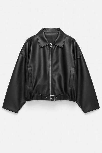 Jaglion Zr Oversize Bomber Belted Leather Jacket