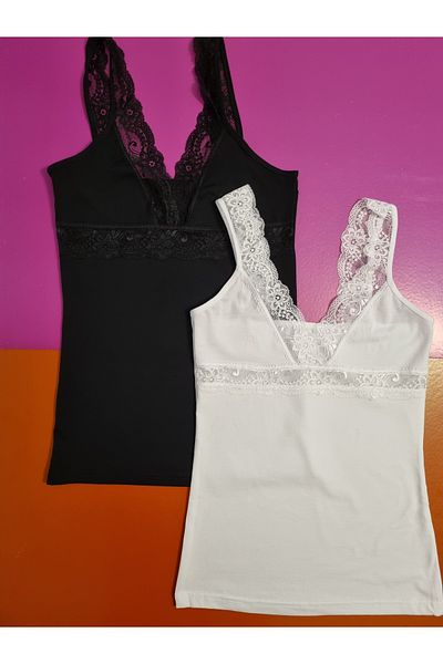 Demirsa Boutique Modal Fabric Lace Strap V-Neck Black and White Color 2-Piece Women's Tank Top