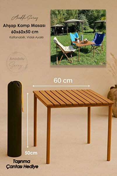 Anadolu Saray 1 ADET Ahşap Kamp Balkon Masası 60x60x50cm Katlanabilir Vidalı Ayaklı Bez Çantalı Hediye Sağlam Masa