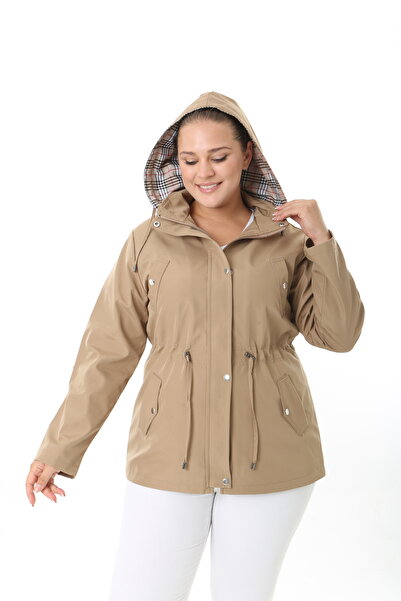 TUTveAL Collection Water Resistant Trench Coat, Hooded, Plaid, Mink Trench Coat Bonded Fabric Trench Coat