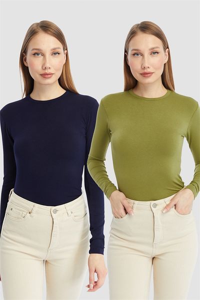 LAENT Women's Navy Blue Oil Green Round Neck 2-Piece Bodysuit