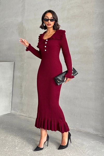 Lusin Women's Burgundy Sleeve Button and Ruffle Detail Stylish Long Knitwear Dress (New Color)