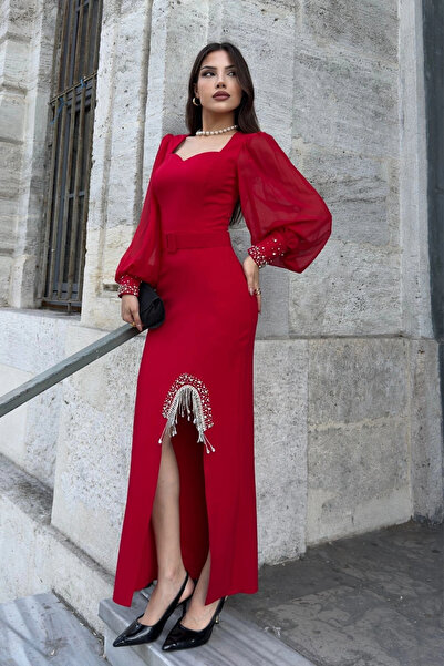 lodmela Sweetheart Neckline Pearl and Chain Embellished Belted Evening Dress 2238-Red