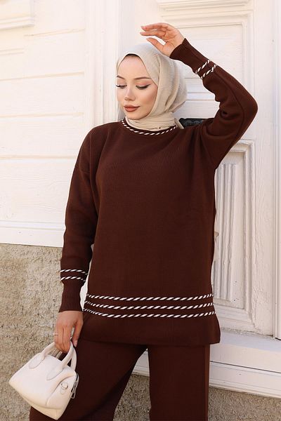 Modamihram Stripe Detailed Knitwear Set Brown 6151