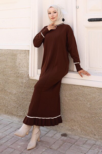 Modamihram Rochie de tricotaj cu detaliu de piatră cu manșetă maro 6150