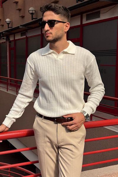 inpool Men'S, Old Money Culture, Line Look, Polo Collar, Knitwear Sweater Pltk10