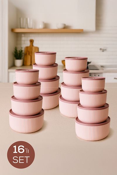 Vienev Set of 16 Striped Round Storage Containers Pink