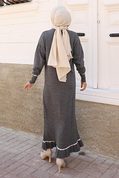 Modamihram Rochie de tricotaj cu detaliu de piatră cu manșetă gri 6150