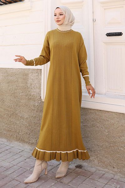 Modamihram Cuff Stone Detailed Knitwear Dress Khaki 6150