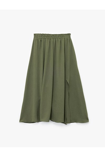 Koton Aerobin Fabric Midi Flared Skirt with Elastic Waist and Slit Detail