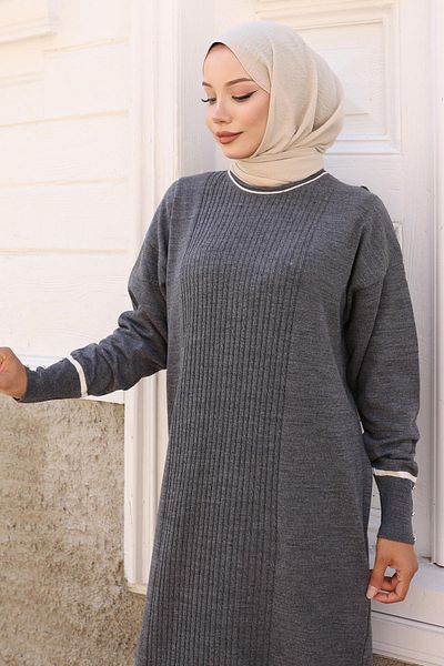 Modamihram Cuff Stone Detailed Knitwear Dress Gray 6150