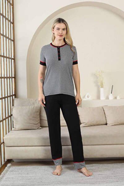 ALİMER Set de pijamale pentru femei cu model picior de gâscă - Negru, cu mâne...