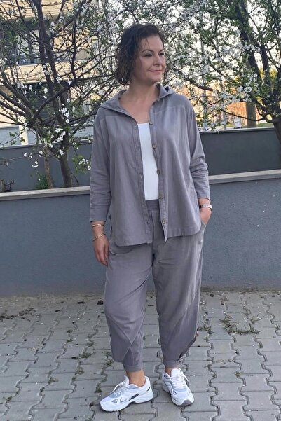 Mia Butik Women's Gray Design Sports Linen Suit