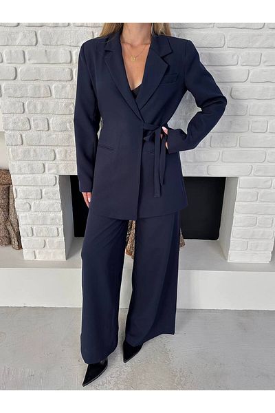 ZF BUTİK Women's Double Belted Blazer Jacket Pants Set