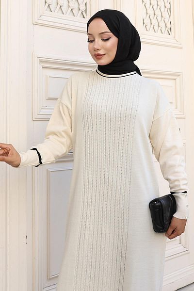Modamihram Cuff Stone Detailed Knitwear Dress White 6150