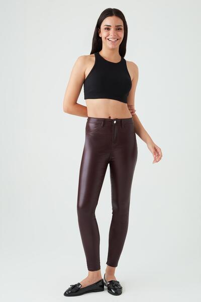 Select Moda Women's Burgundy Leather Look High Waist Skinny Pants